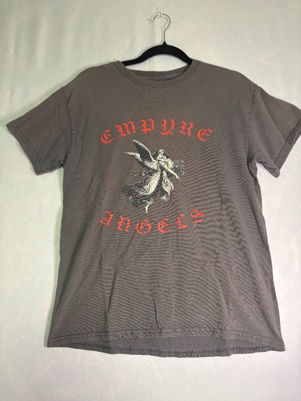 Empyre Angels Washed Charcoal Grey Gothic Angel Graphic T-Shirt Medium